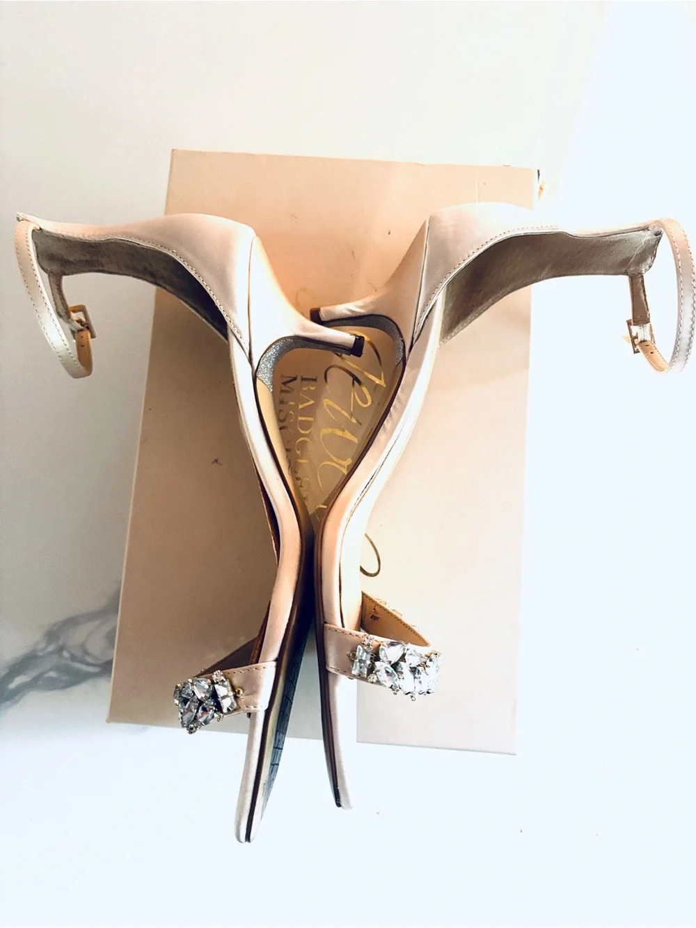 Jewel Badgley Mischka Crystal-Embellished Nude Satin Kitten Heel Sandal